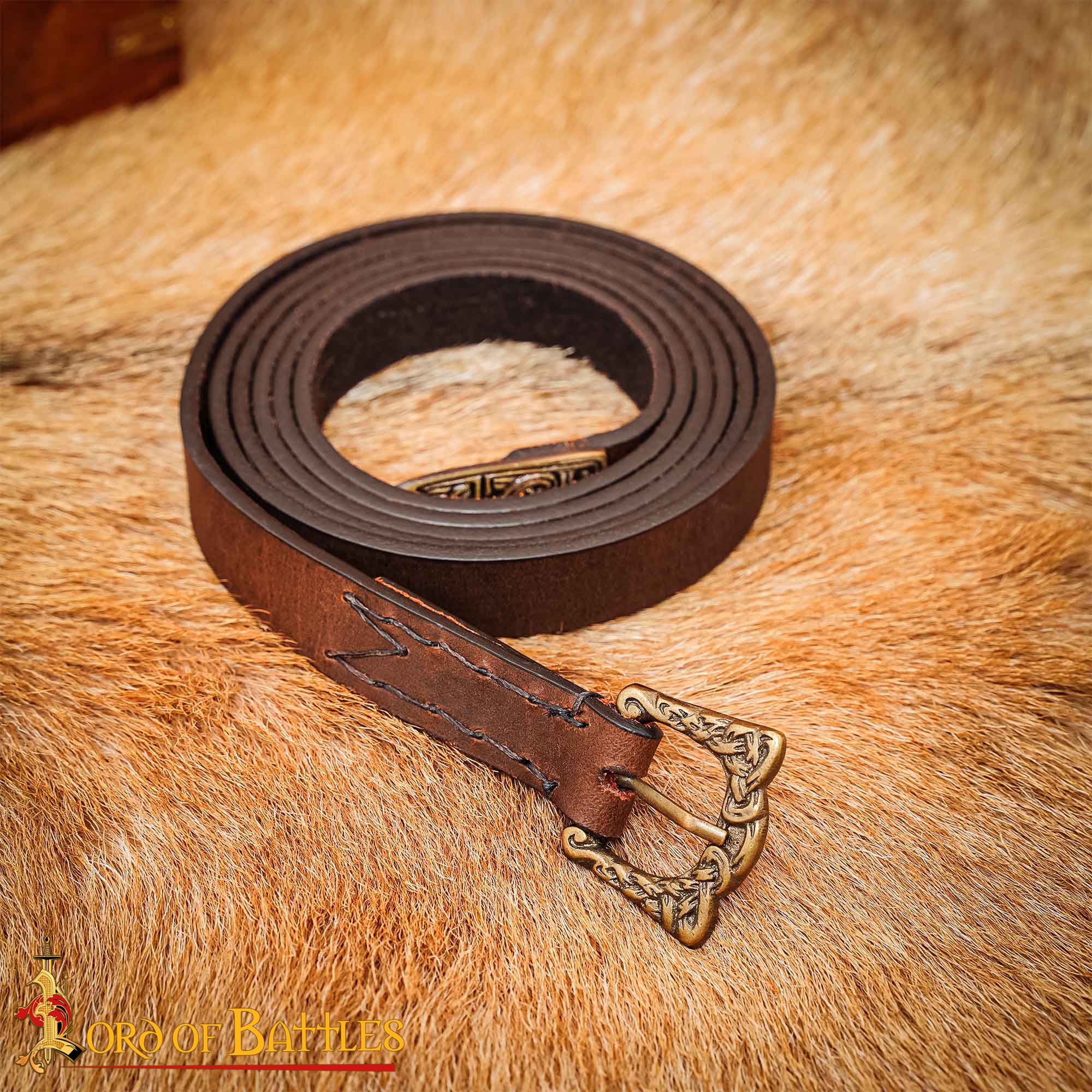 9th Century Viking Leather Belt with Brass Buckle and Strap End Norse Knotwork Design-25880BR