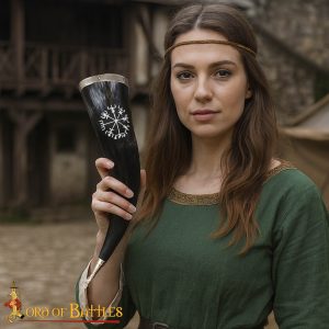 Viking Drinking Horn with Engraved Vegvísir Rune – Brass Rim & Tip
