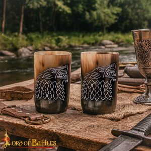 Engraved Viking Horn Tankard Set of 2 – Dire Wolf Design Mead & Ale Cups