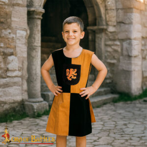 Medieval Kids Tabard with Embroidered Lion Crest Tunic – Black & Yellow Tunic for LARP, Fairs & Costume Play