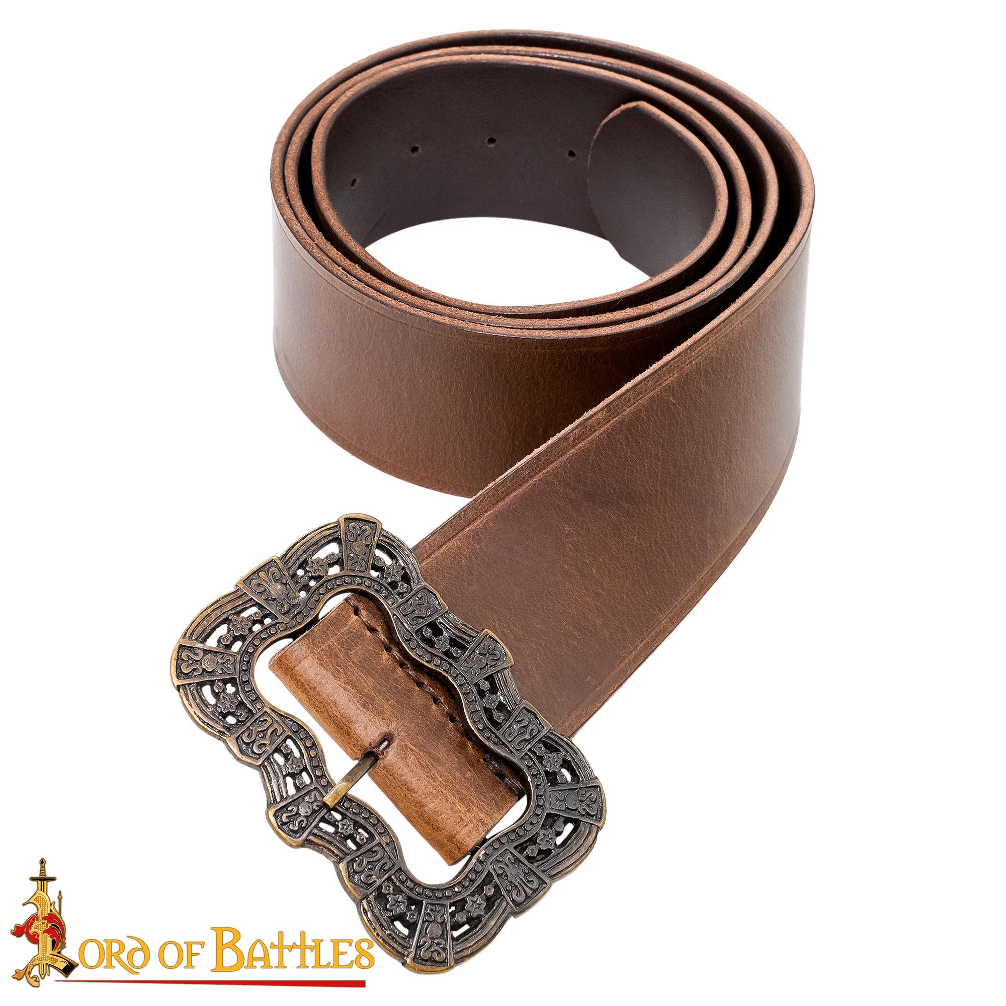 Medieval Leather Belt with Large Ornate Brass Buckle Handcrafted Genuine Leather-25133CBR 3