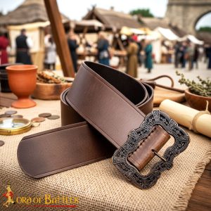 Medieval Leather Belt with Large Ornate Brass Buckle – Handcrafted Genuine Leather