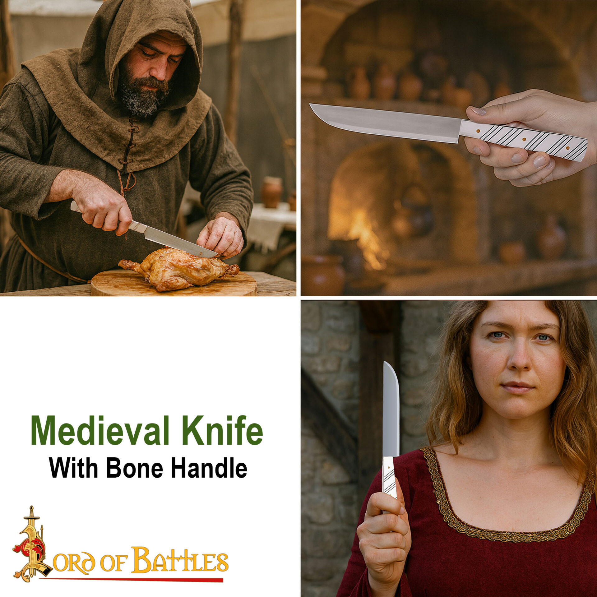 Medieval Stainless Steel Knife with Polished Bone Handle-25650 6
