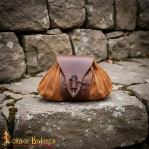 Rustic Suede Leather Belt Pouch Medieval Style with Genuine Horn Toggle, Costume Accessory