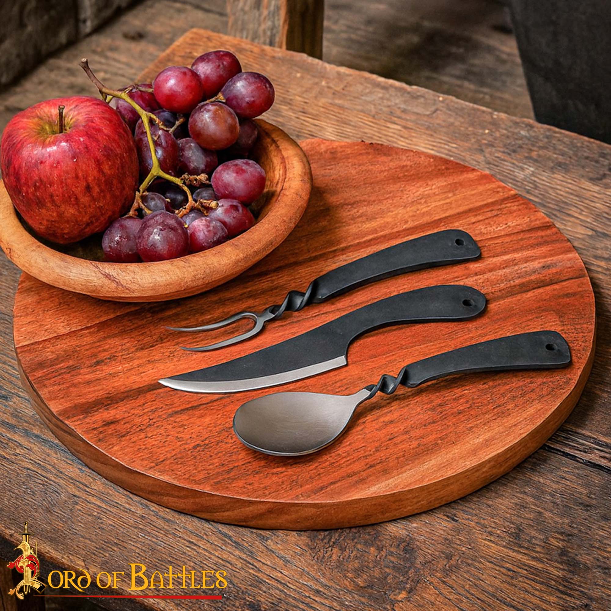Rustic Viking Cutlery Set Hand-Forged Stainless Steel with Leather Pouch Medieval Dining Utensil Set-25207CBR