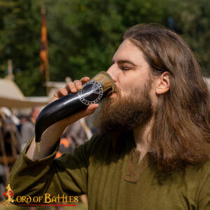 Viking Drinking Horn with Algiz Rune – Natural Ox Horn with Brass Rim & Tip