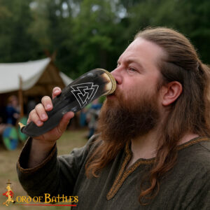 Viking Drinking Horn with Valknut Engraving – Polished Natural Ox Horn with Brass Rim & Tip