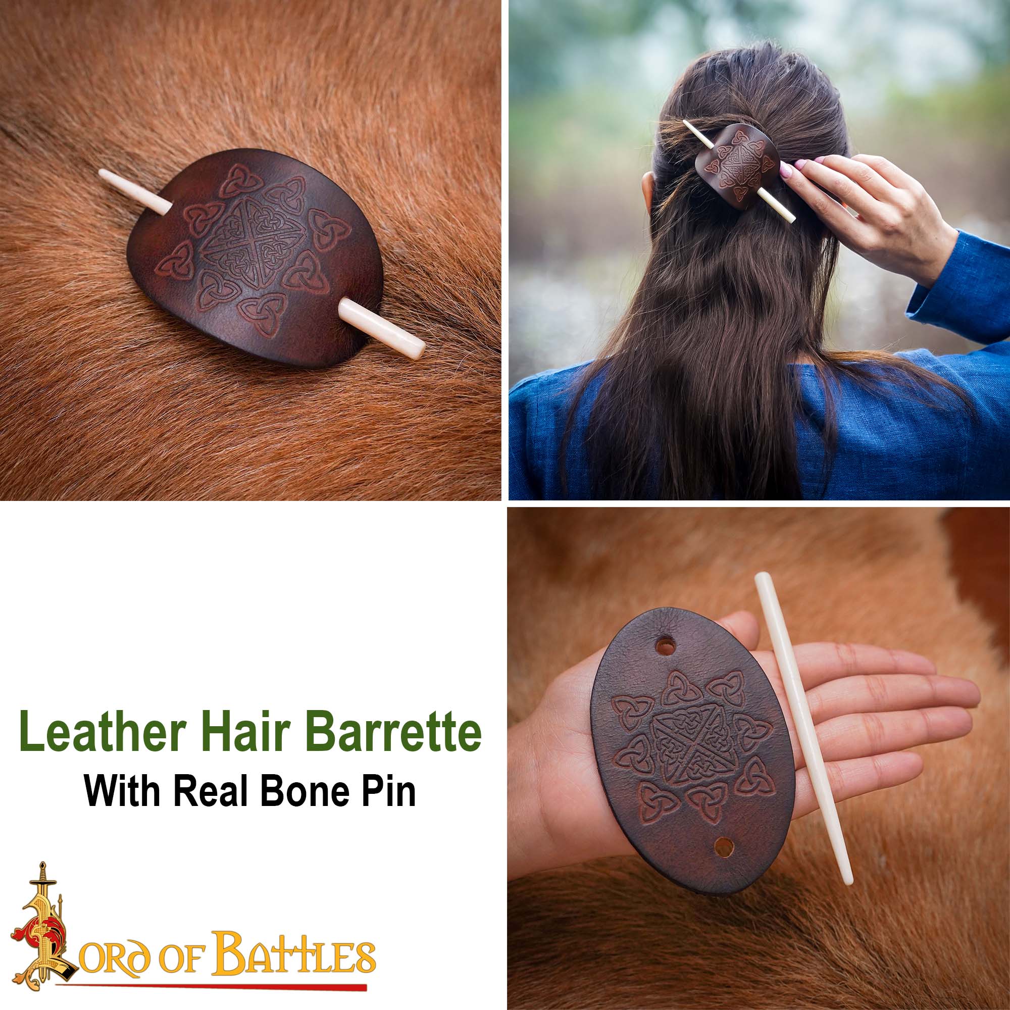 10th Century Norse Leather Hair Barrette with Ox Bone Pin-26088BR 7