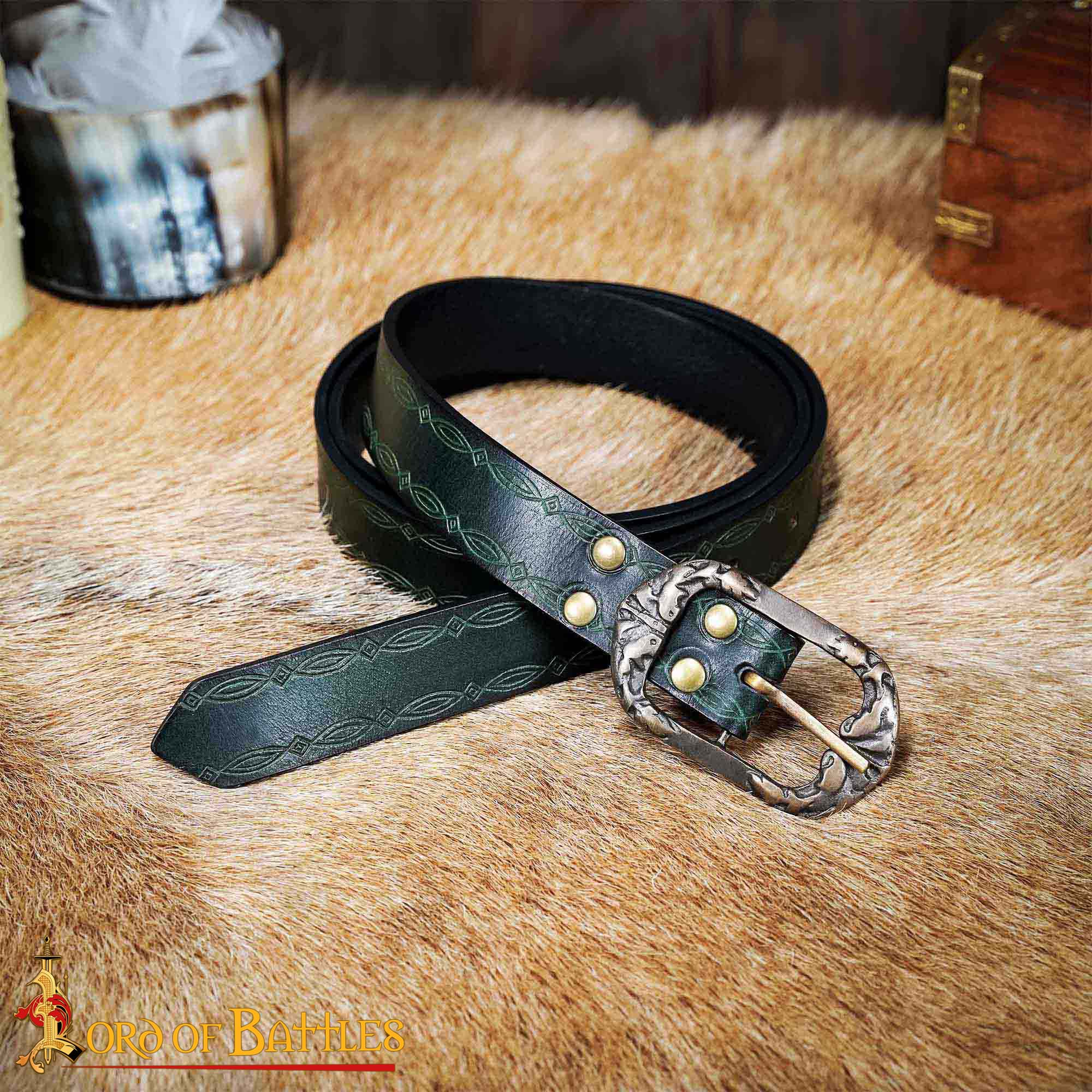 13th–15th Century Medieval Green Leather Belt with Brass Buckle – Embossed Historical Waist Belt for Reenactment and Costume Accessories-26064GR