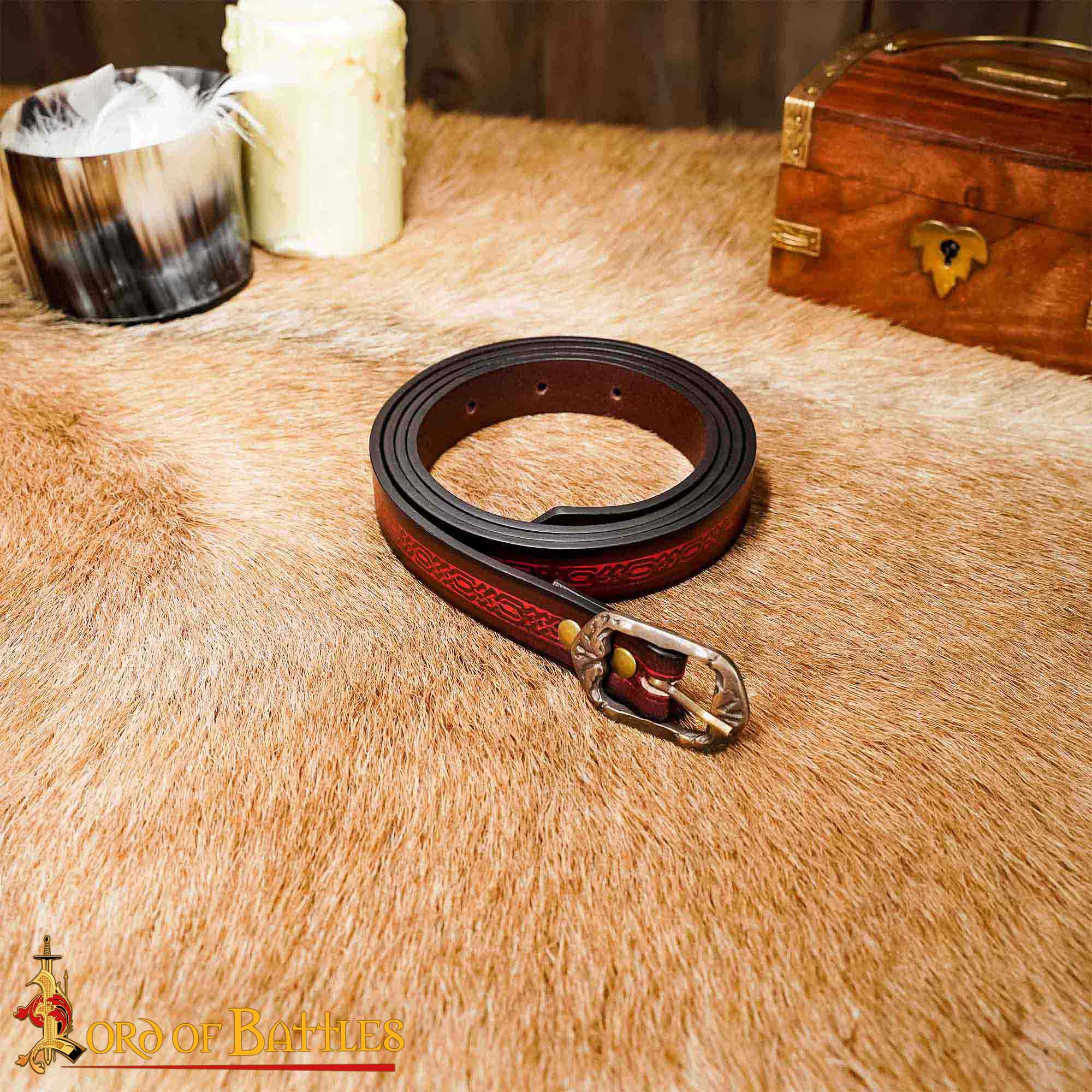 14th Century Medieval Maroon Leather Belt with Brass Buckle-26063M 1