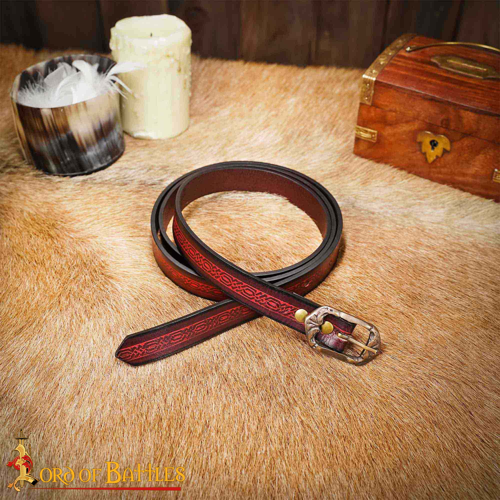 14th Century Medieval Maroon Leather Belt with Brass Buckle-26063M
