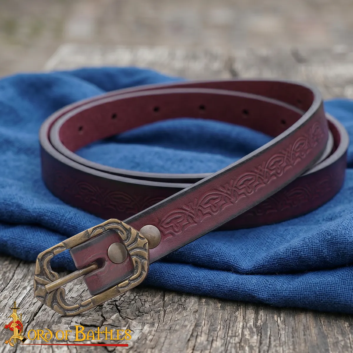 Embossed Thin Leather Fantasy Belt with Engraved Antique Brass Buckle Fantasy Belt