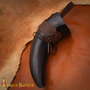 Medieval Drinking Horn with Leather Holder, Polished Ox Horn, Viking & Renaissance Mug for Mead, Ale