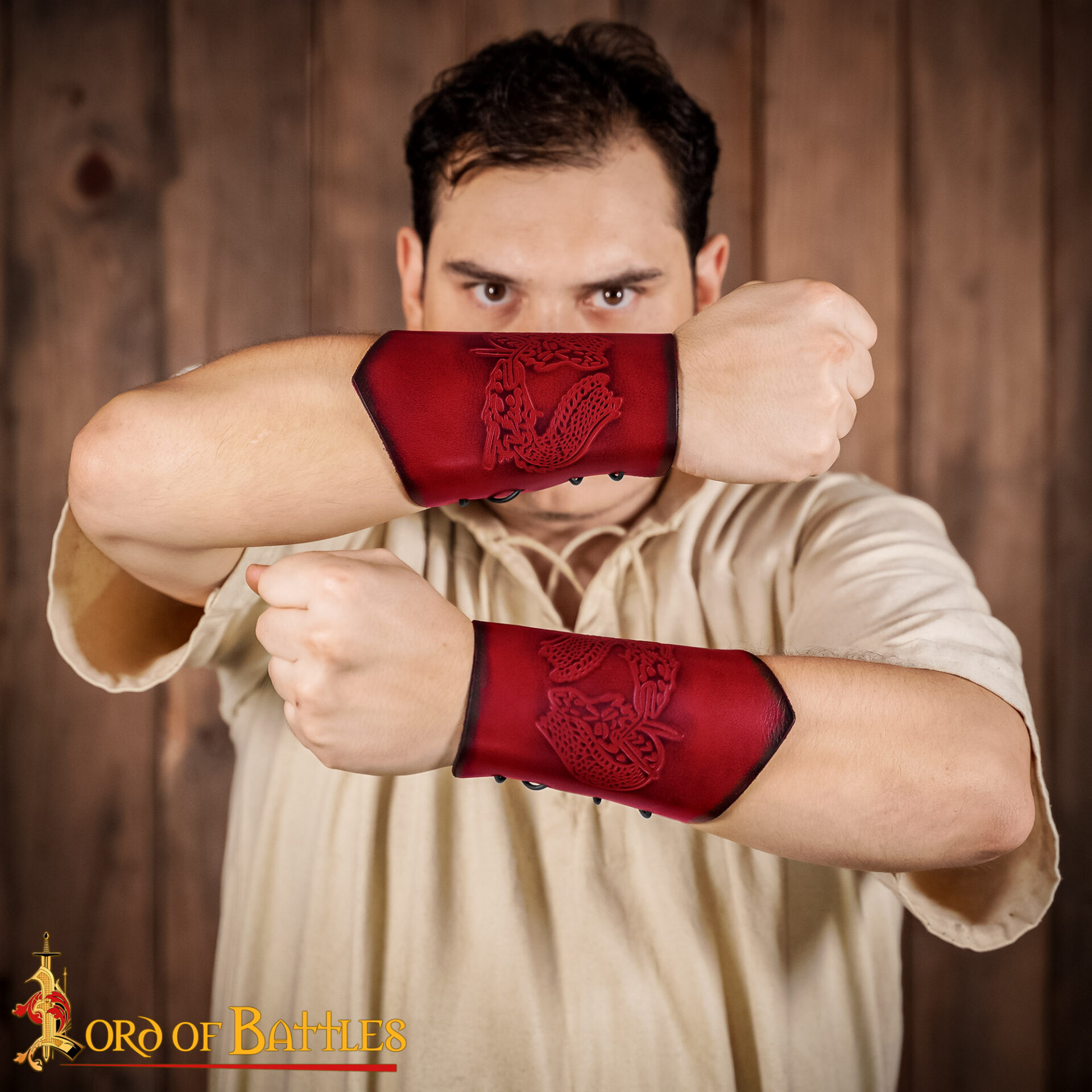 Fantasy-Inspired Leather Bracers with Dragon Motif-25907M 1