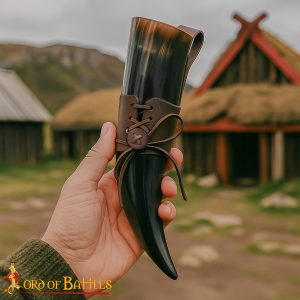 Medieval Drinking Horn with Leather Holder, Polished Ox Horn