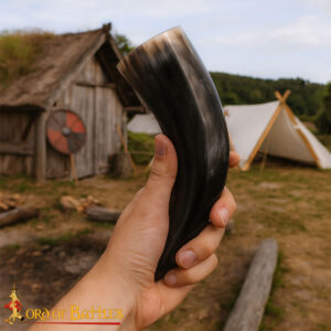 Medieval Drinking Horn with Leather Holder, Polished Ox Horn, Viking & Renaissance Mug for Mead, Ale
