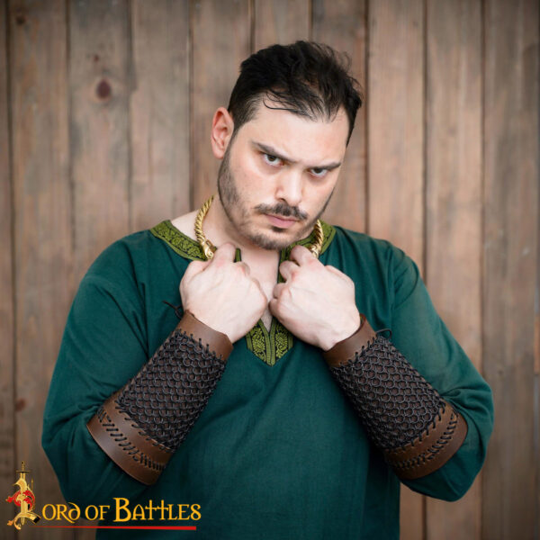 Monster Hunting Leather Bracers With Stitched Design And Blackened Chainmail - Image 2
