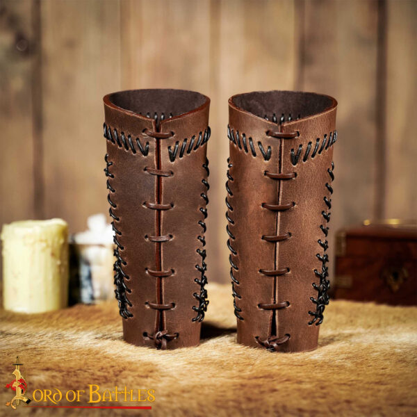 Monster Hunting Leather Bracers With Stitched Design And Blackened Chainmail - Image 5