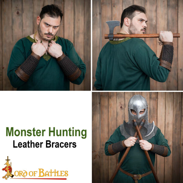 Monster Hunting Leather Bracers With Stitched Design And Blackened Chainmail - Image 9