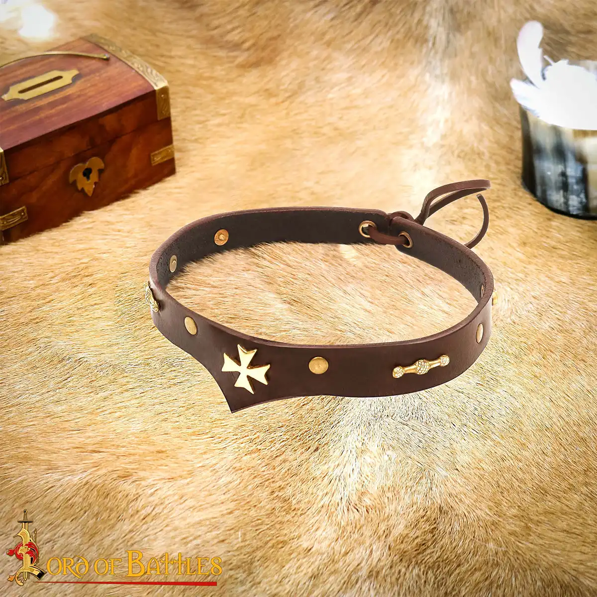 Leather Headband With Pure Brass Templar Cross Mount Leather Headband With Pure Brass Templar Cross Mount