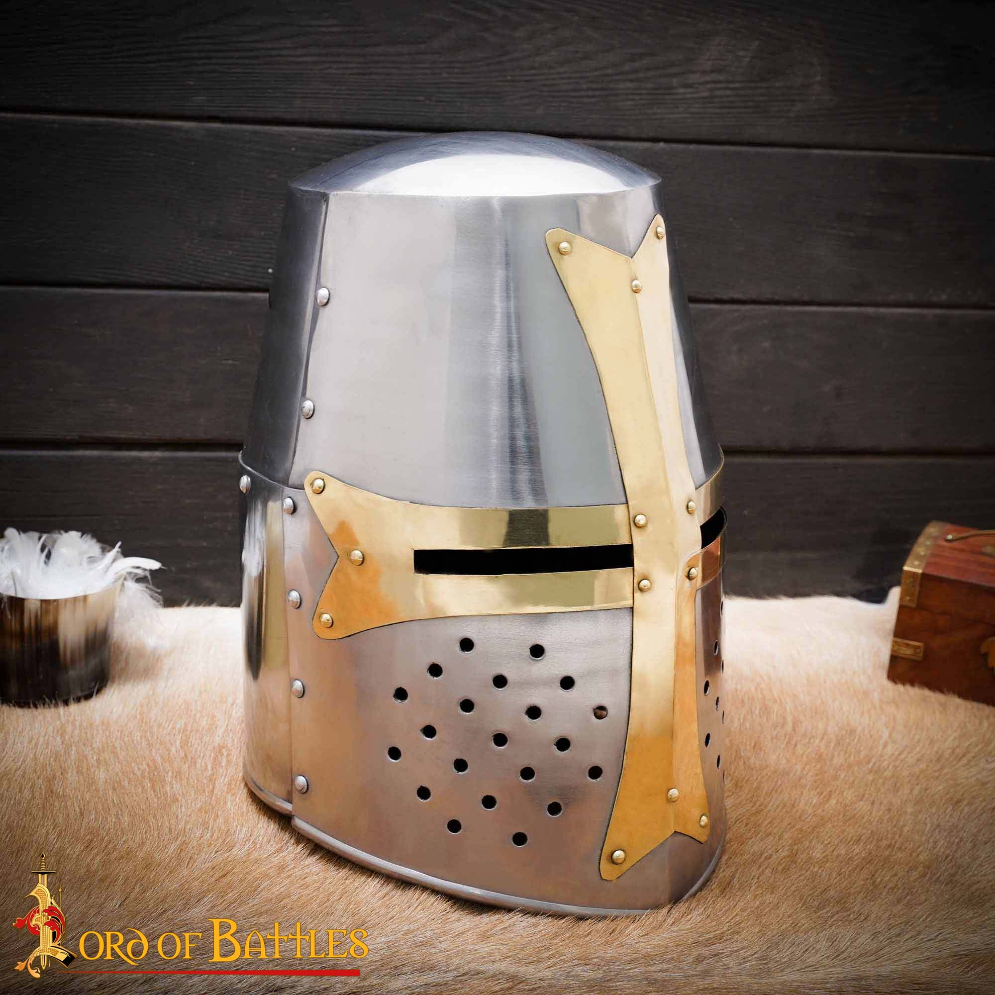 Crusader Great Helm – 13th Century Steel Helmet with Brass Cross-2286PL