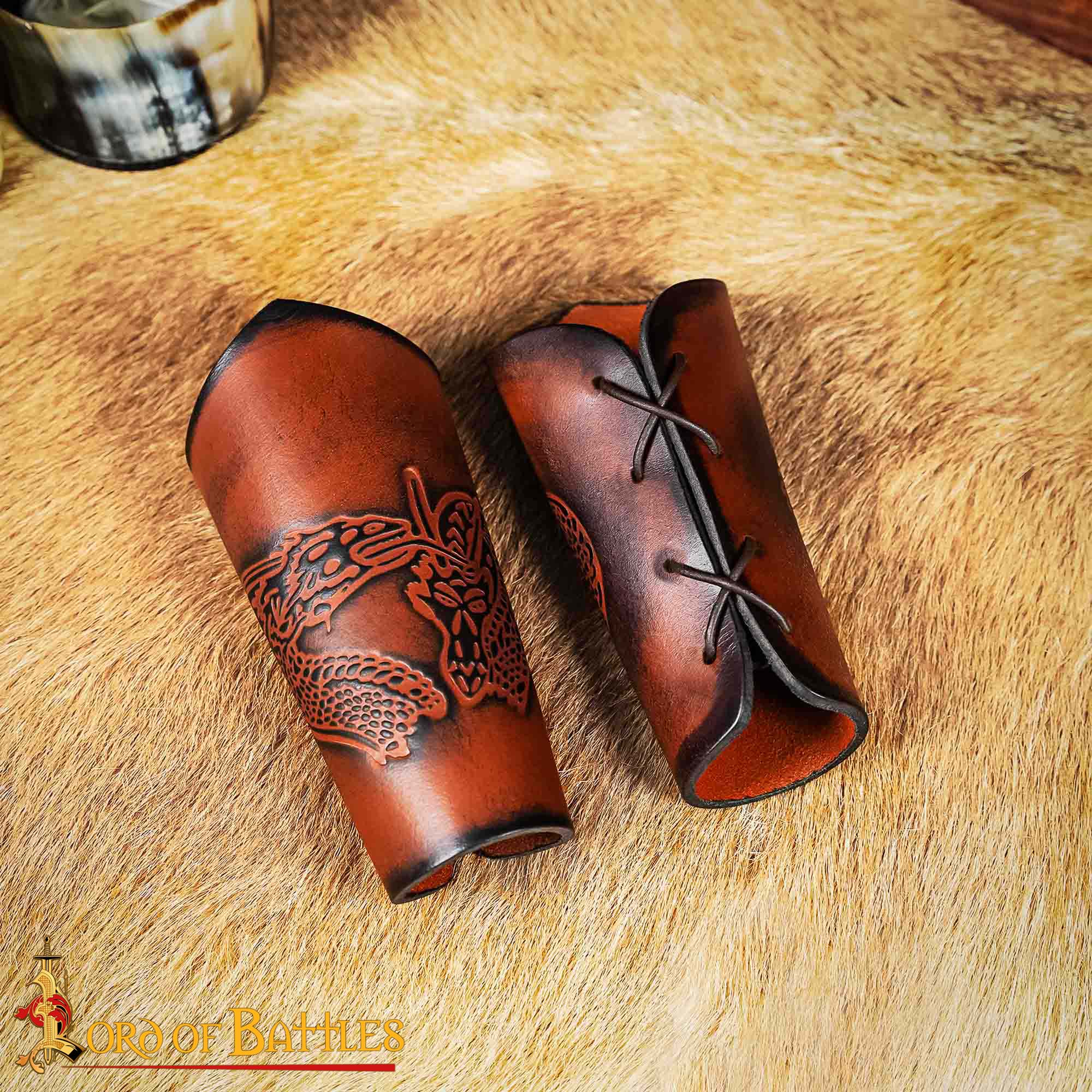 Fantasy-Inspired Leather Bracers with Dragon Motif-25907BR 5