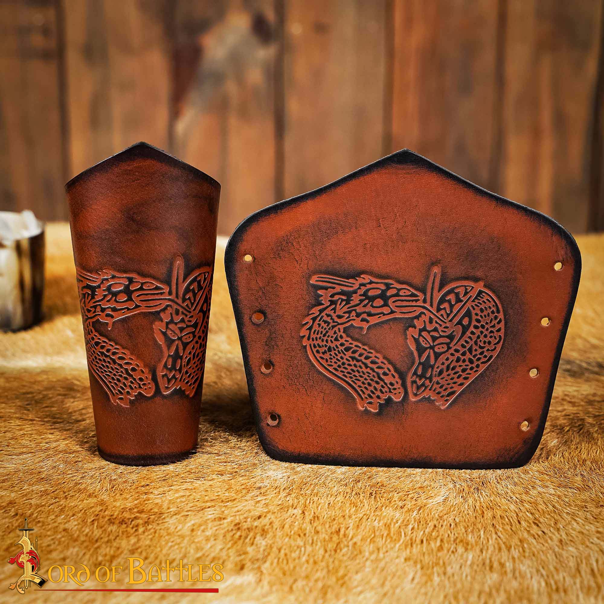 Fantasy-Inspired Leather Bracers with Dragon Motif-25907BR