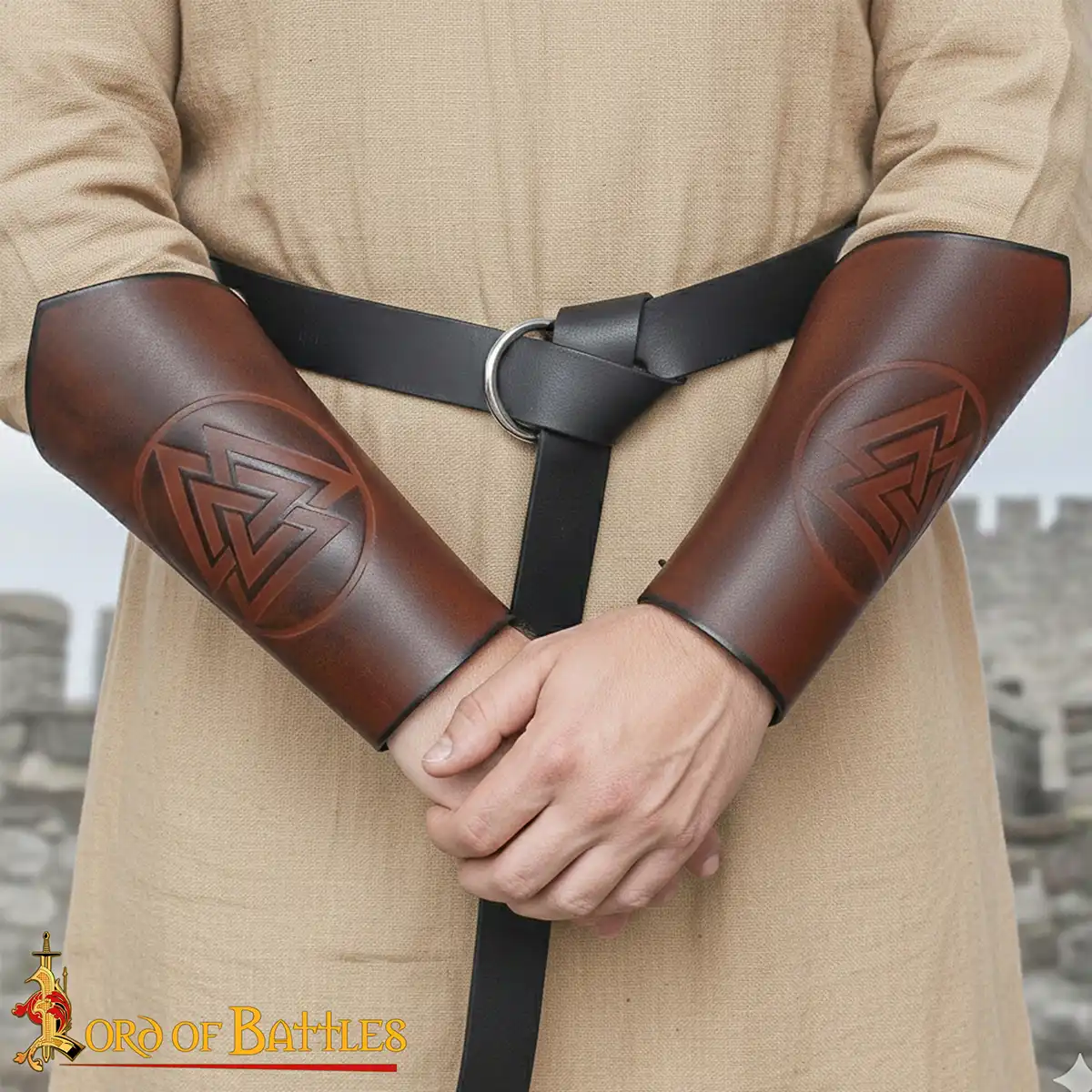 Warrior of the Realm Genuine Leather Bracers with Viking Valknut Symbol Warrior of the Realm Genuine Leather Bracers with Viking Valknut Symbol - Image 2