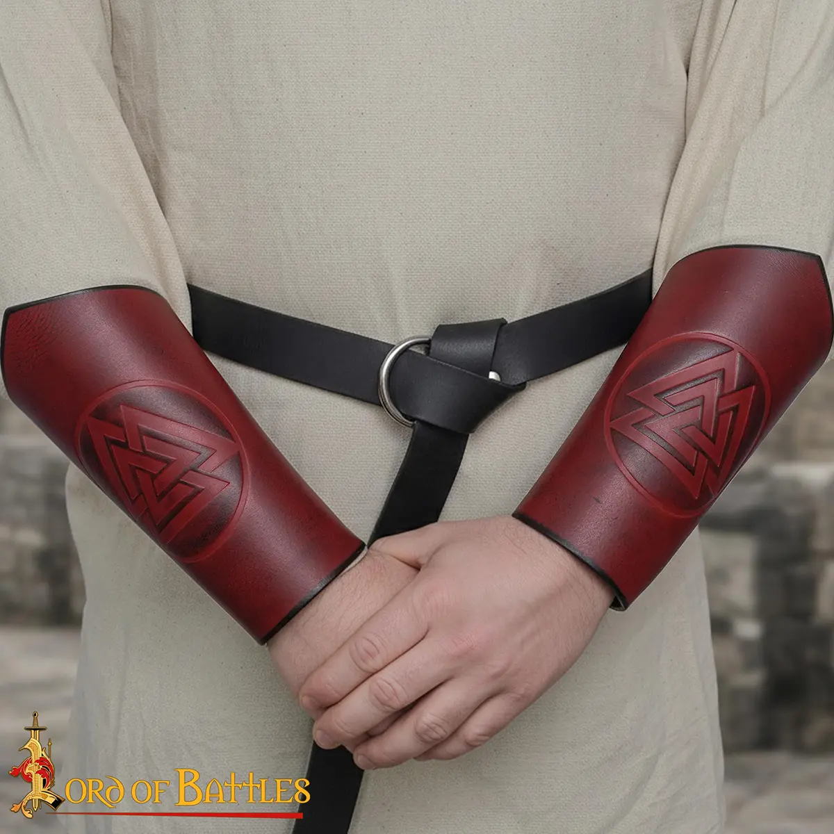 Warrior of the Realm Genuine Leather Bracers with Viking Valknut Symbol Warrior of the Realm Genuine Leather Bracers with Viking Valknut Symbol - Image 2