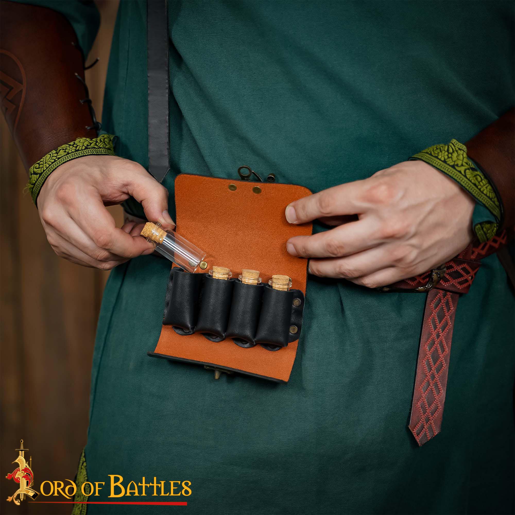Medieval Elf Leather Potion Belt Pouch with 4 Mini Glass Bottles - 26250BR 1