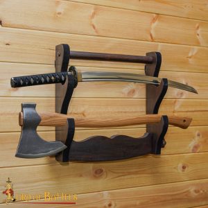 Handcrafted Genuine Hardwood Wall Mounting Two-Tier Axe / Sword Stand
