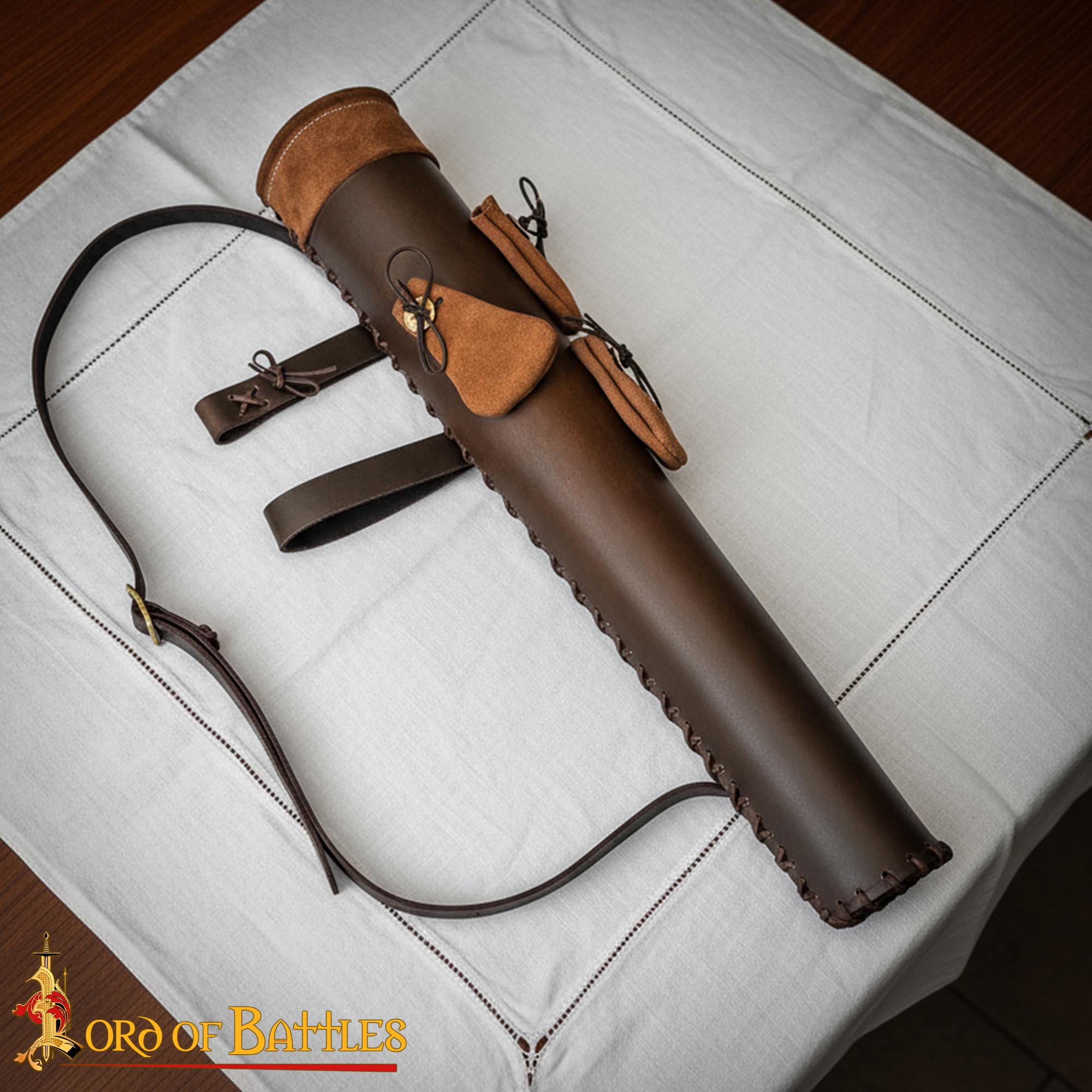 Medieval Leather Quiver with Suede Pouches Archery Arrow Holder with Adjustable Straps Brass Buckles - 26184CBR