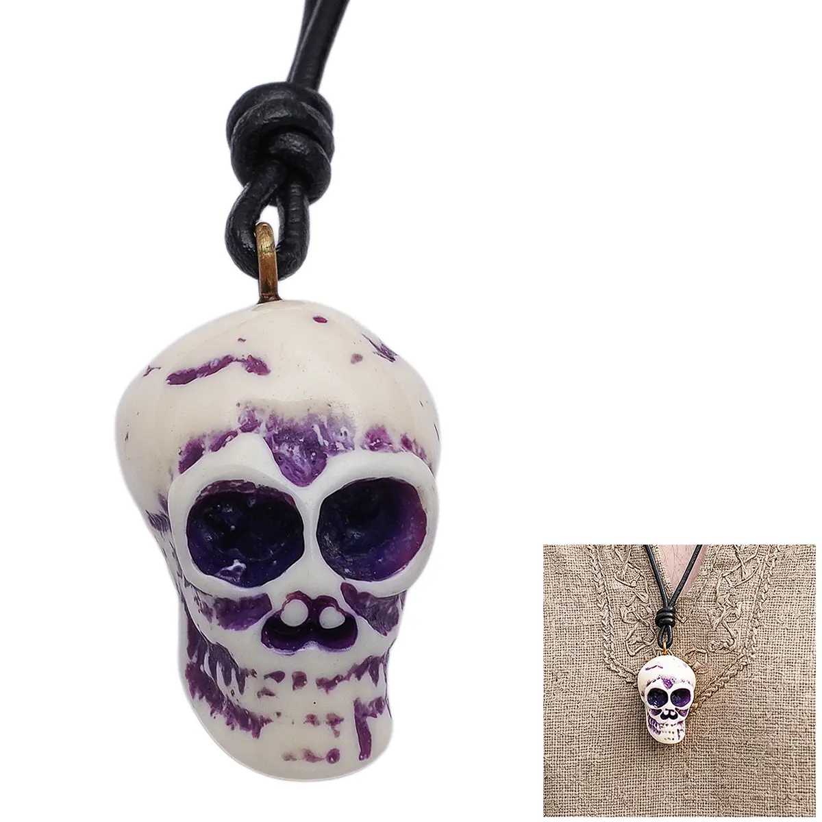 Hand Carved Bone Skull Pendant with Adjustable Genuine Leather Cord - Image 4