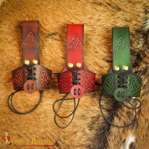 Celtic Knotwork Leather Drinking Horn Holder – Adjustable Viking Belt Holster in Multiple Colors & Sizes