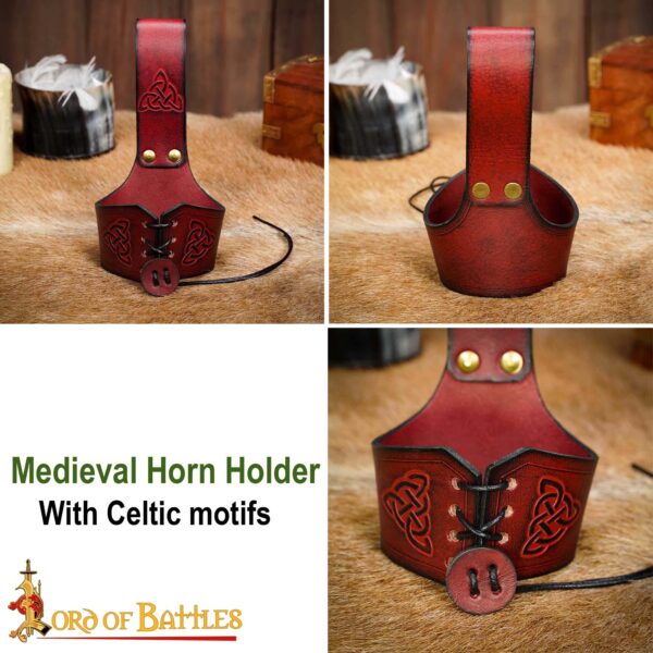 Celtic Knotwork Leather Drinking Horn Holder – Adjustable Viking Belt Holster in Multiple Colors & Sizes - Image 17