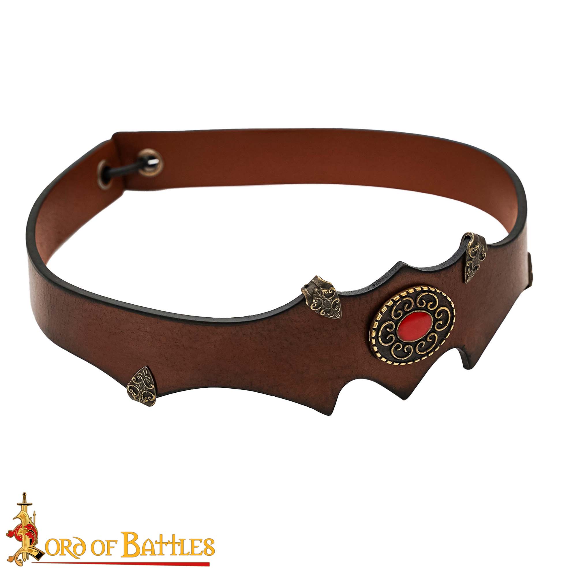 Medieval Leather Headband with Brass Accents and Red Cabochon-26080BR 3