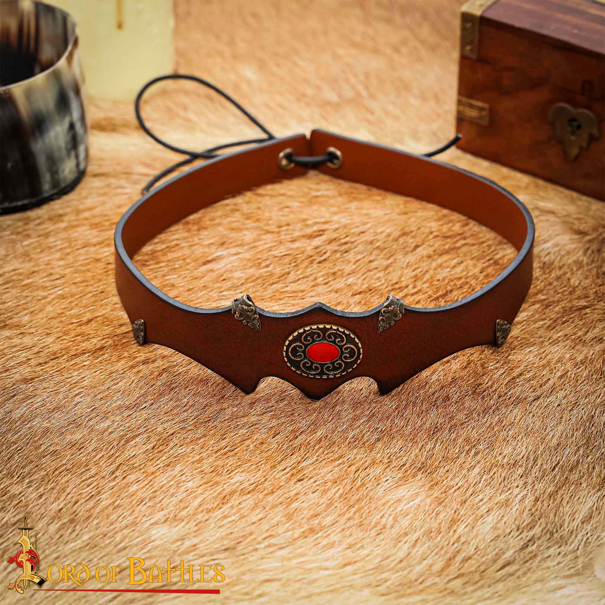 Medieval Leather Headband with Brass Accents and Red Cabochon-26080BR 5