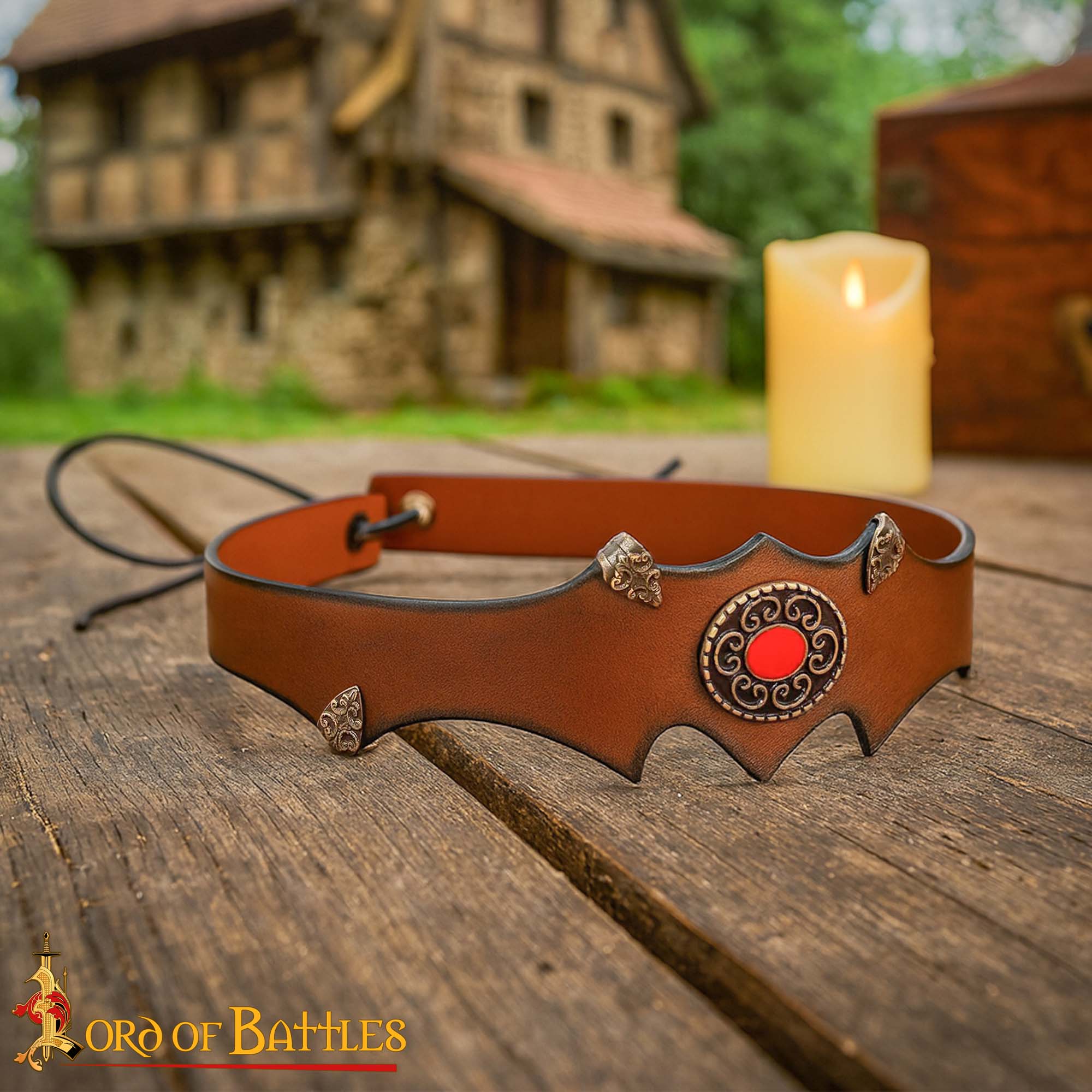 Medieval Leather Headband with Brass Accents and Red Cabochon-26080BR