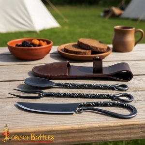 Rustic Viking Iron Cutlery Set Hand-Forged with Twisted Handles and Leather Pouch