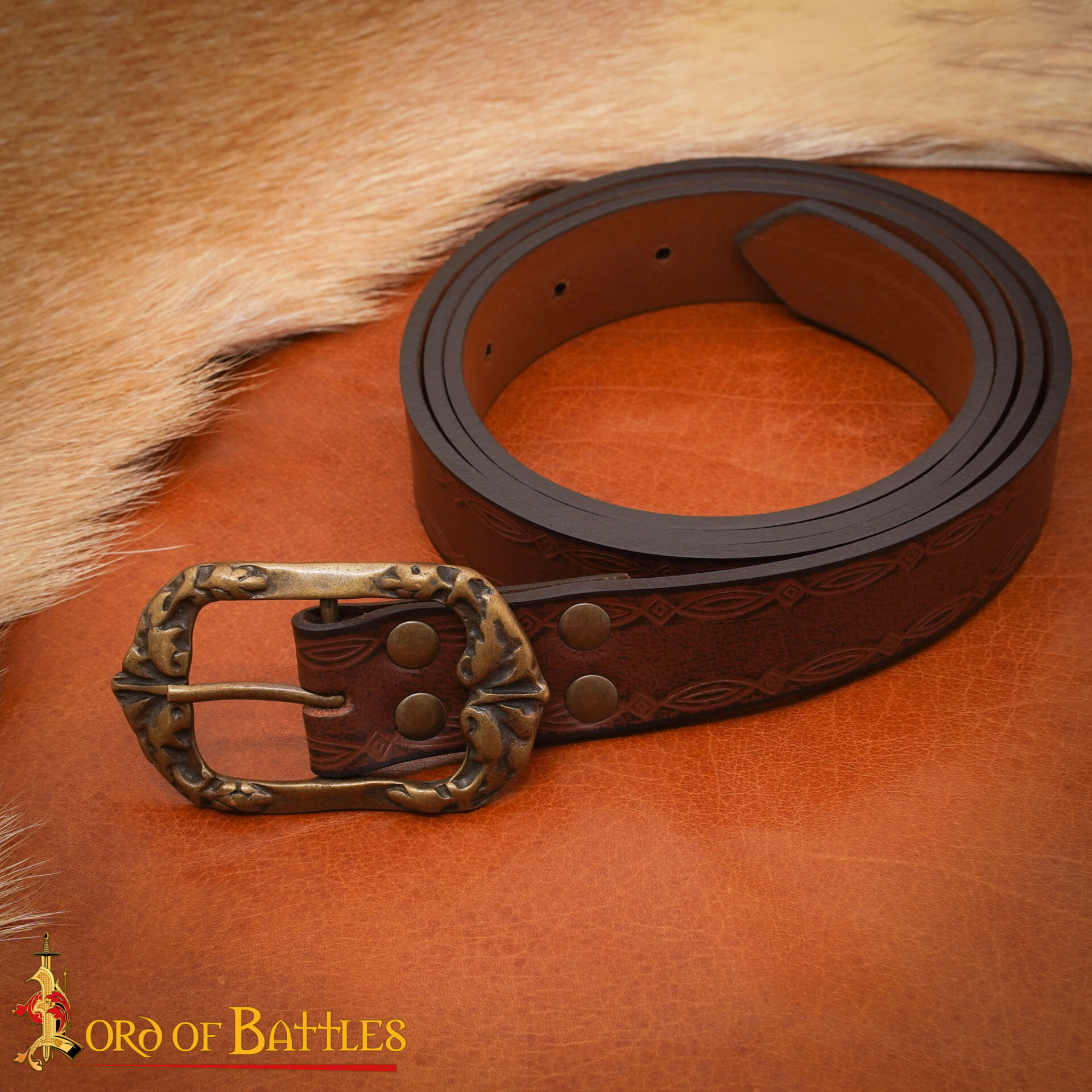 13th–15th Century Medieval Brown Leather Belt with Brass Buckle – Embossed Historical Waist Belt for Reenactment and Costume Accessories-26064BR