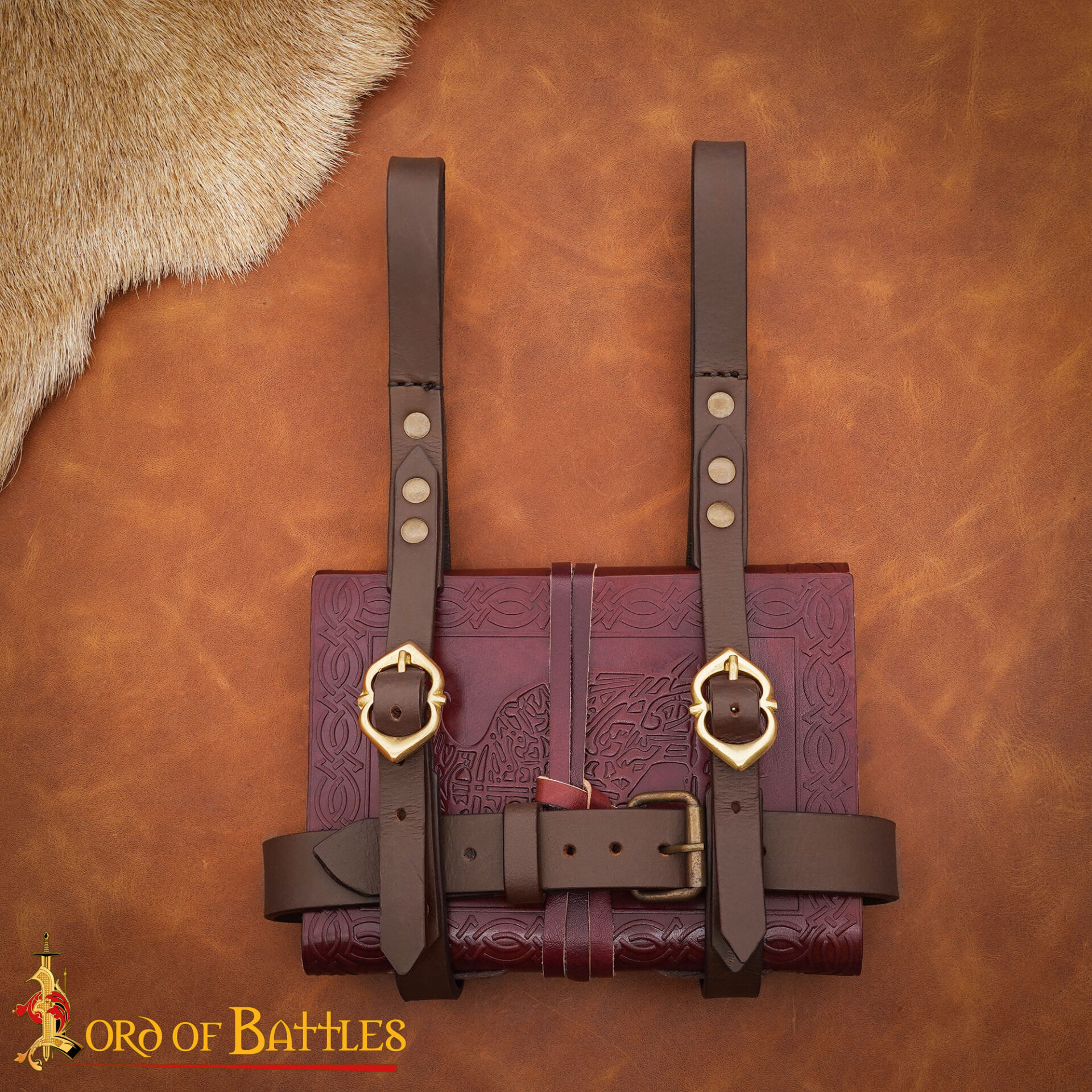 15th Century Late Medieval Leather Journal Holder with Brass Buckles-25938CBR 4