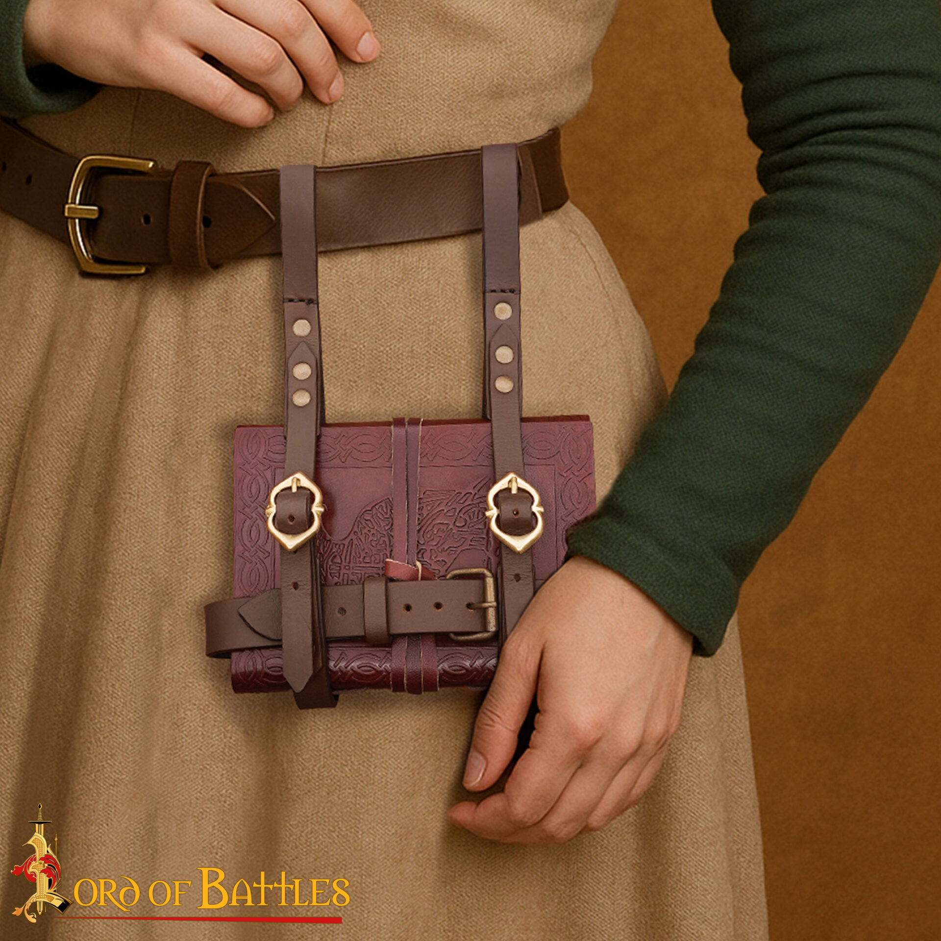 15th Century Late Medieval Leather Journal Holder with Brass Buckles-25938CBR 5