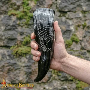 Viking Horn Mug with Longship Engraving
