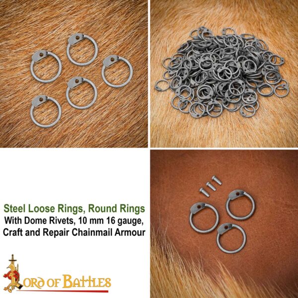 Mild Steel Loose Rings, Round Rings with Dome Rivets, 10 mm 16 gauge, Craft and Repair Chainmail Armour - Image 8