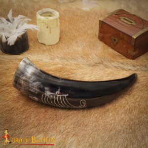 Viking Longship Engraved Drinking Horn | Polished Natural Ox Horn Mead Cup