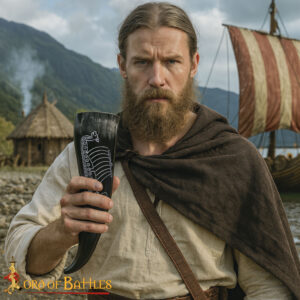 Viking Longship Engraved Drinking Horn | Polished Natural Ox Horn Mead Cup