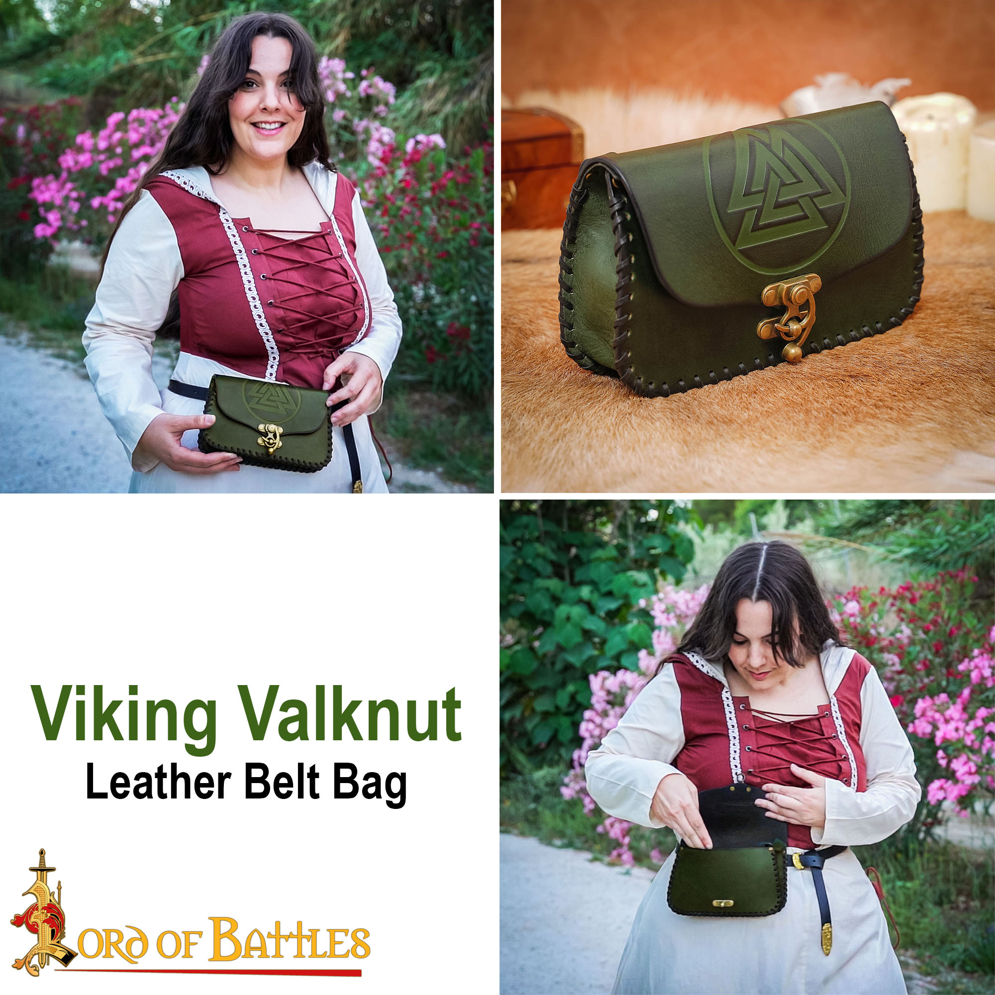 10th Century Viking Leather Belt Pouch with Valknut Symbol-26260GR 9