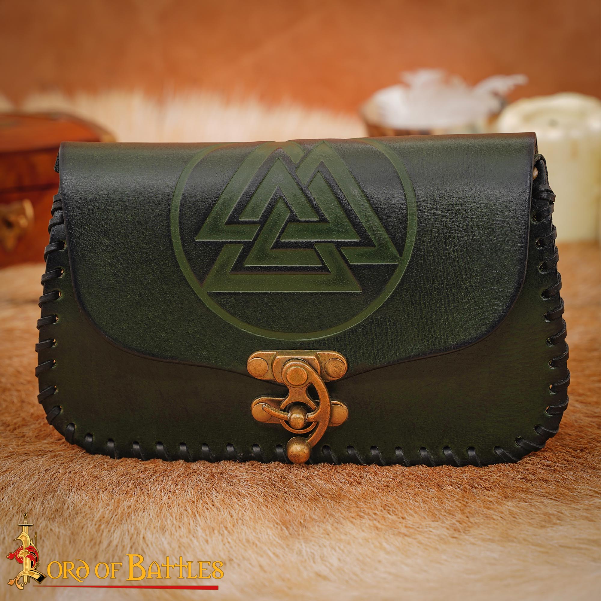 10th Century Viking Leather Belt Pouch with Valknut Symbol-26260GR