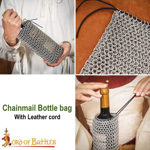 Chainmail Bottle Bag with Leather Cord Drawstring Closure, 8mm 16 gauge Aluminium Butted Rings - Image 8