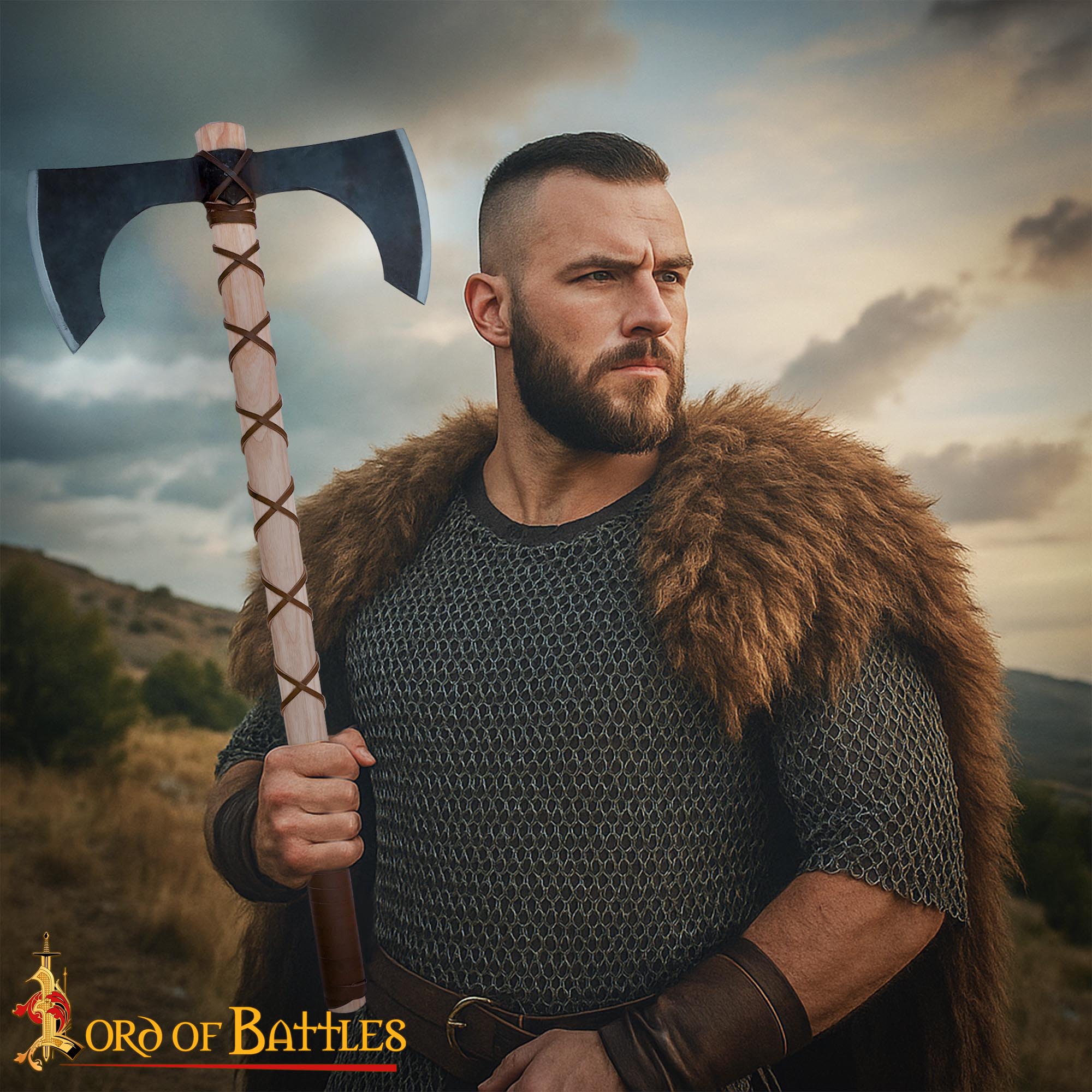 Medieval Fantasy Double-Edged Axe Functional Medieval Weapon- 60694-ASH 1